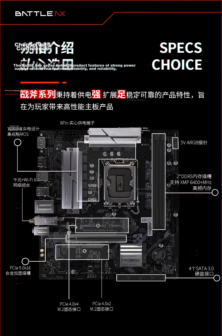 Colorful BATTLE-AX H810M-A WIFI V20 DDR5 Motherboard Supporting CPU 230F/225F/245KF (Intel H810/LGA 1851 Socket) 2