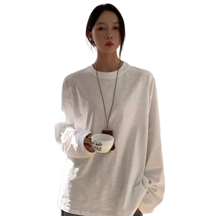 ICH MODE "Versatile King" Bamboo Cotton White Long Sleeve T-Shirt Women Loose Pullover Solid Color Base Shirt White XL