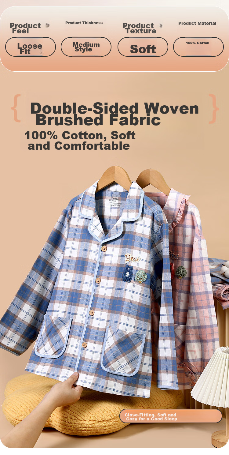 Hodohome Boys' Cotton Brushed Plaid Pajama Set, Cardigan Long Sleeve Top and Pants, Size 140 1
