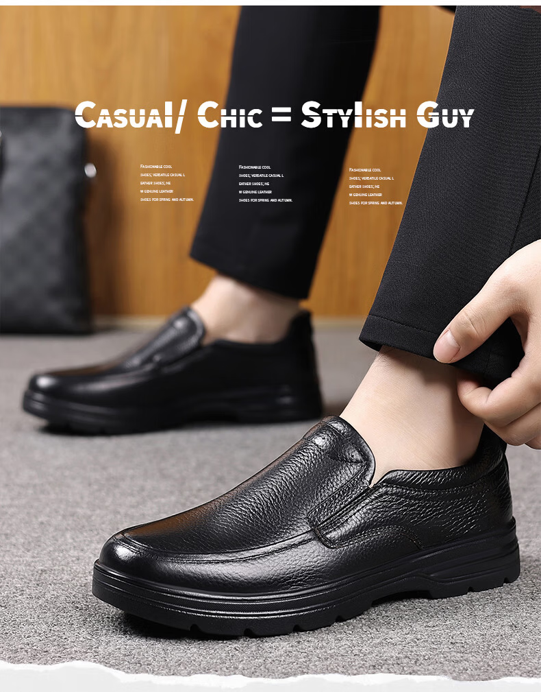 CARTELO First Layer Cowhide Men's Breathable Casual Leather Slip-On Shoes Genuine Leather Dad Shoes KX05 Black Size 46 1