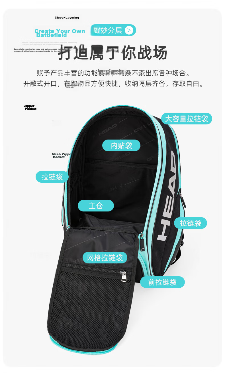 HEAD Badminton Open Tournament Dual Shoulder Bag Fitness Badminton Backpack Travel Bag Multifunctional Laptop Bag with Wet and Dry Separation 16