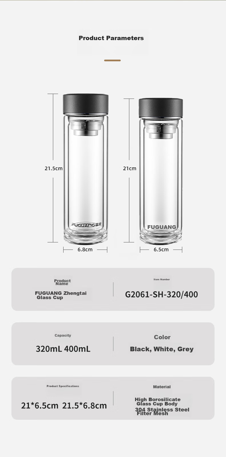 Fuguang Double-Layer Glass Cup, High Borosilicate Tea Infuser Mug, Portable Business Water Bottle for Car And Travel, Suitable for Men And Women, 400ml 11