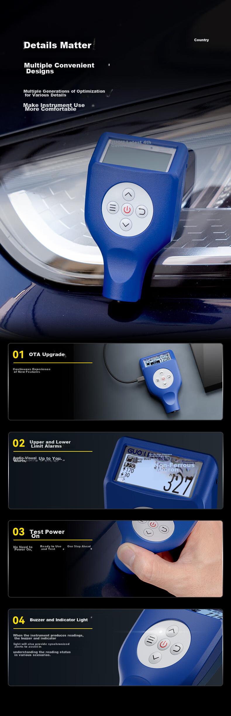 GUOOU 4th Generation Paint Film Gauge High-Precision Used Car Coating Thickness Meter Automotive Paint Thickness Tester Iron Aluminum Vehicle Inspection Blue 7
