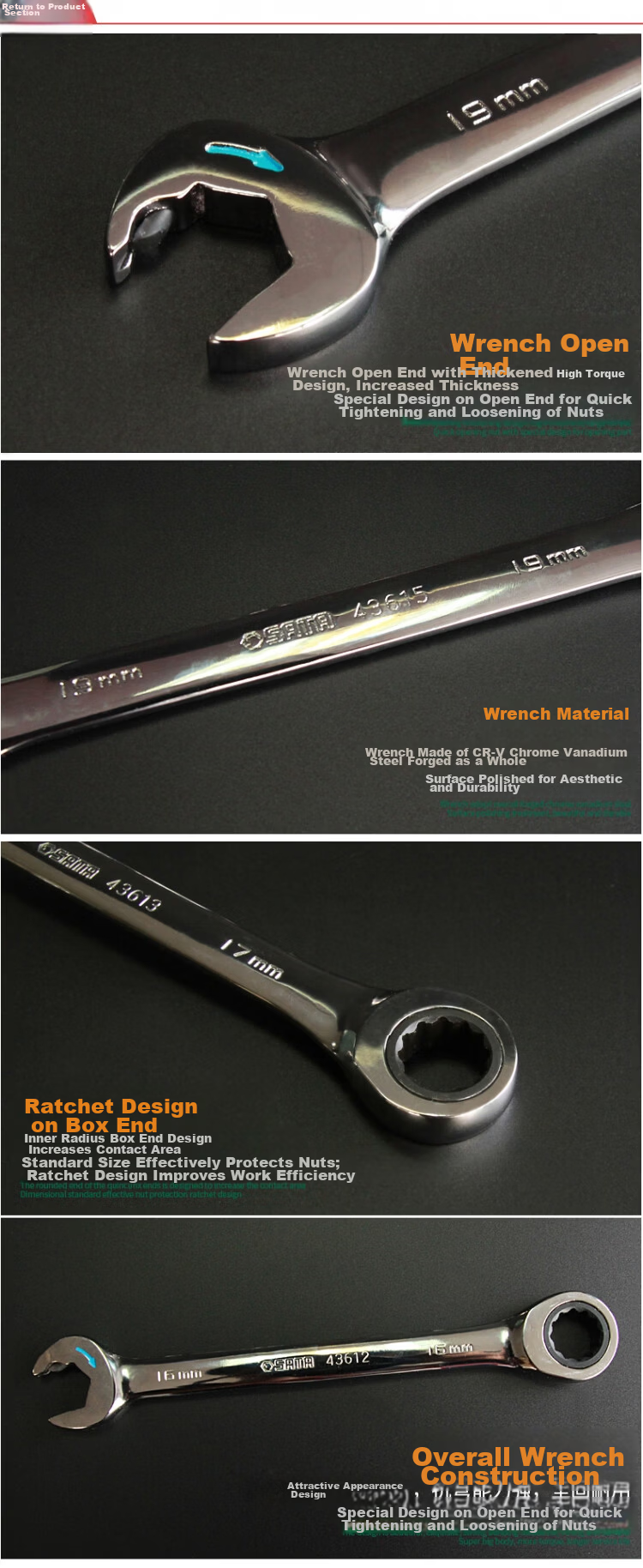 SATA Fully Polished Open-End Ratcheting Wrench 17mm 43613 3