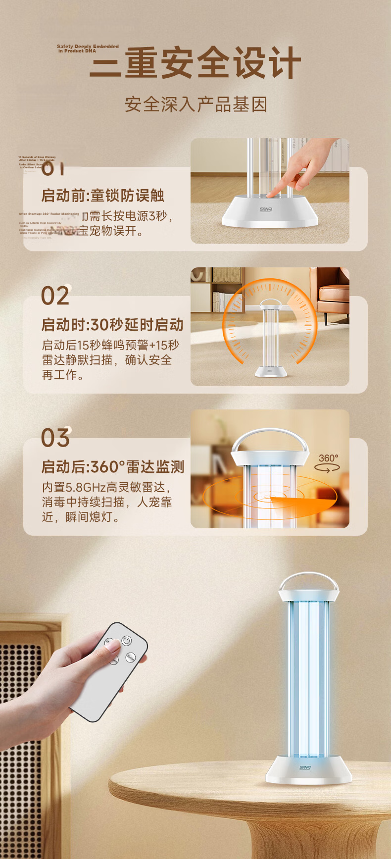 Sansi UV Disinfection Lamp Medical Grade Ozone-Free Ultraviolet Light 80W for Kindergarten and Hospital 4