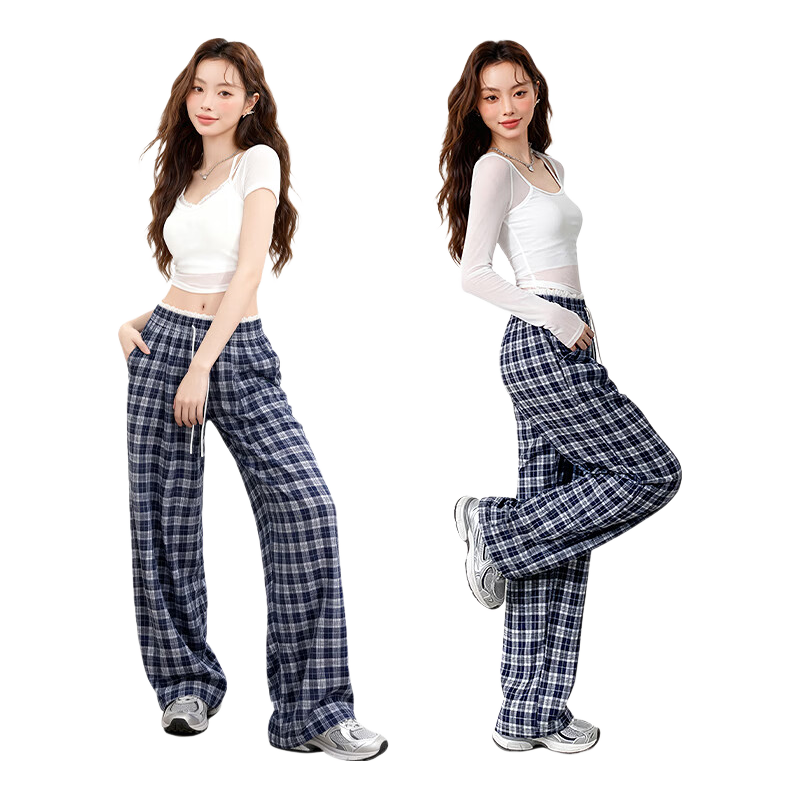 MJ STYLE Plaid Wide-Leg Pants for Women 2026 Spring Summer New Patchwork Check Design Draped Loose Casual Trousers