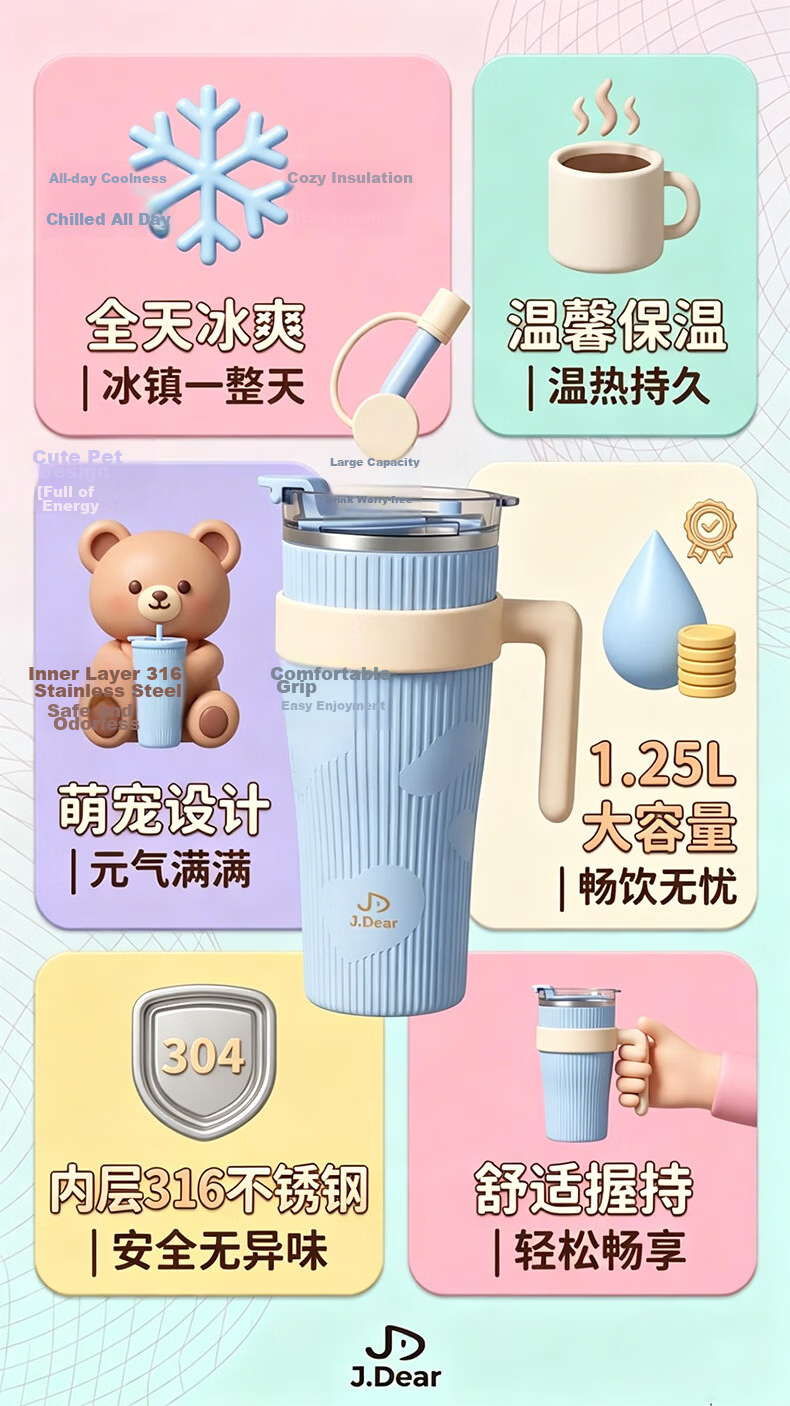 JDEAR 316L Stainless Steel Inner Core Energy Straw Cup Insulated Thermal and Cold Ice Mug Large Capacity Direct Drinking Cup 1.25L 8
