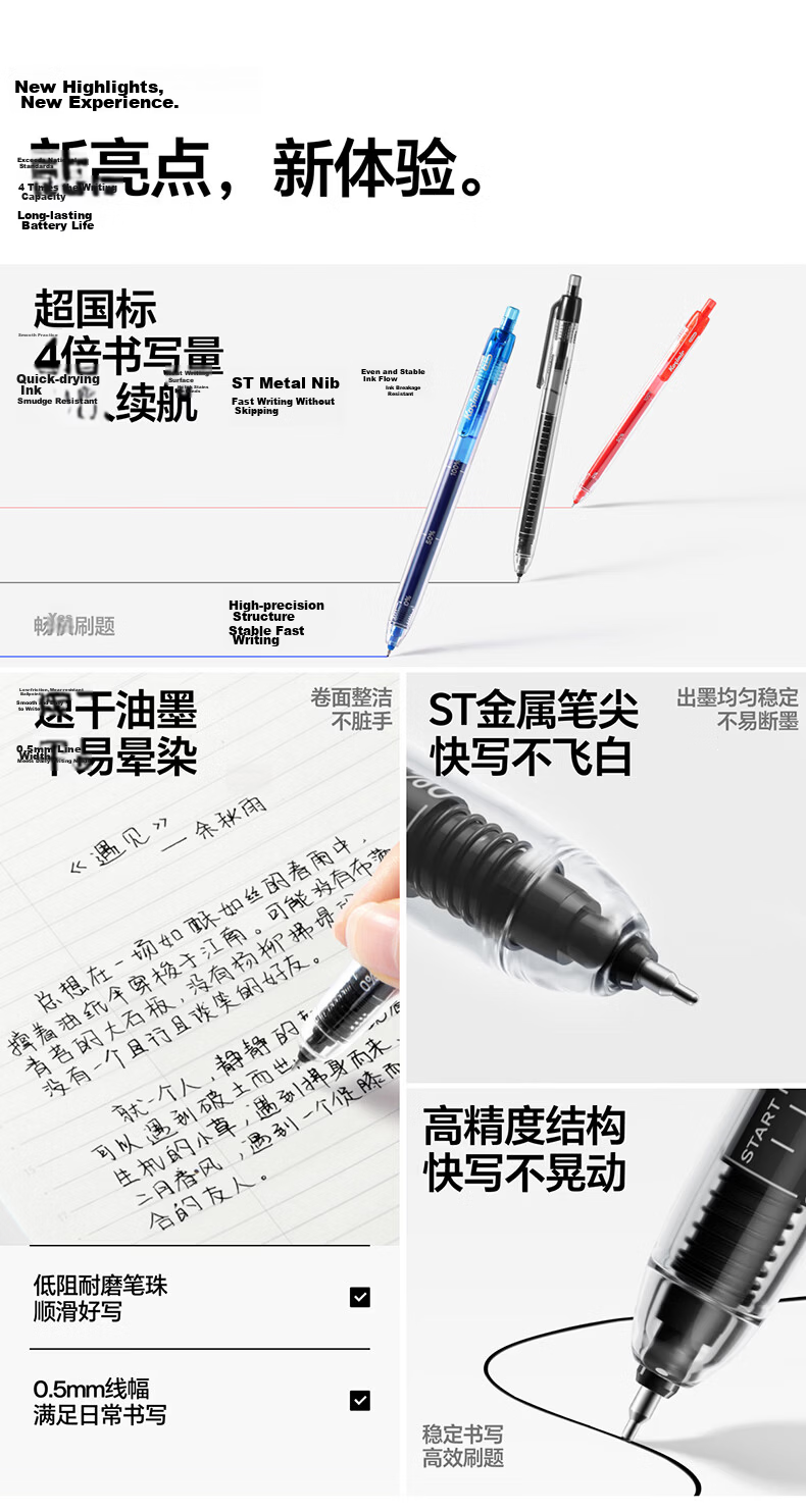Cashmere Large Capacity Quick-Dry Gel Pen Unisex Quick-Dry Smudge-Resistant ST Drop-Resistant Tip Clear Writing No Ink Stains [3-Pack Black 0.5mm] Gel Pen - Classic Edition 3
