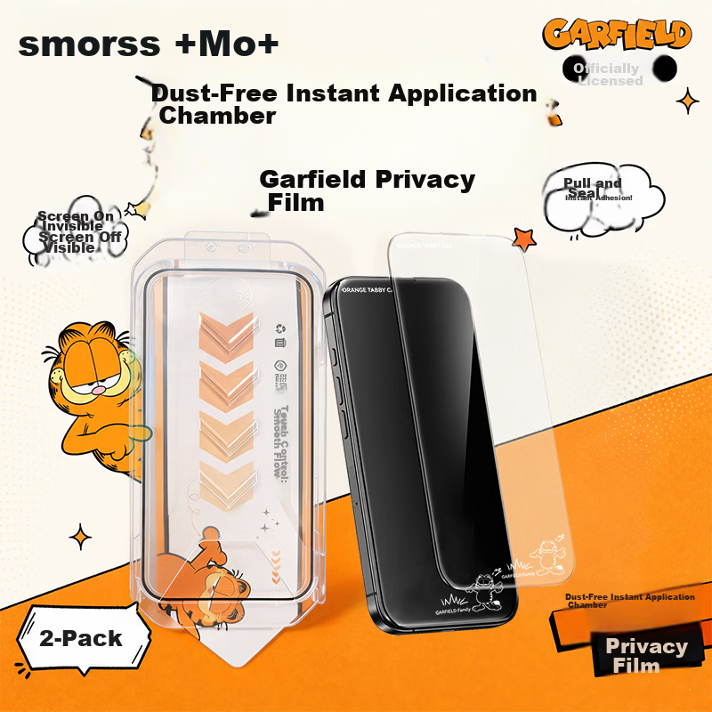 Smorss [2-Pack Garfield Anti-Glare Screen Protector] for iPhone 17 Pro Max Tempered Glass Film, Apple 17 Pro Max HD Anti-Fingerprint Screen Protector with Garfield Design