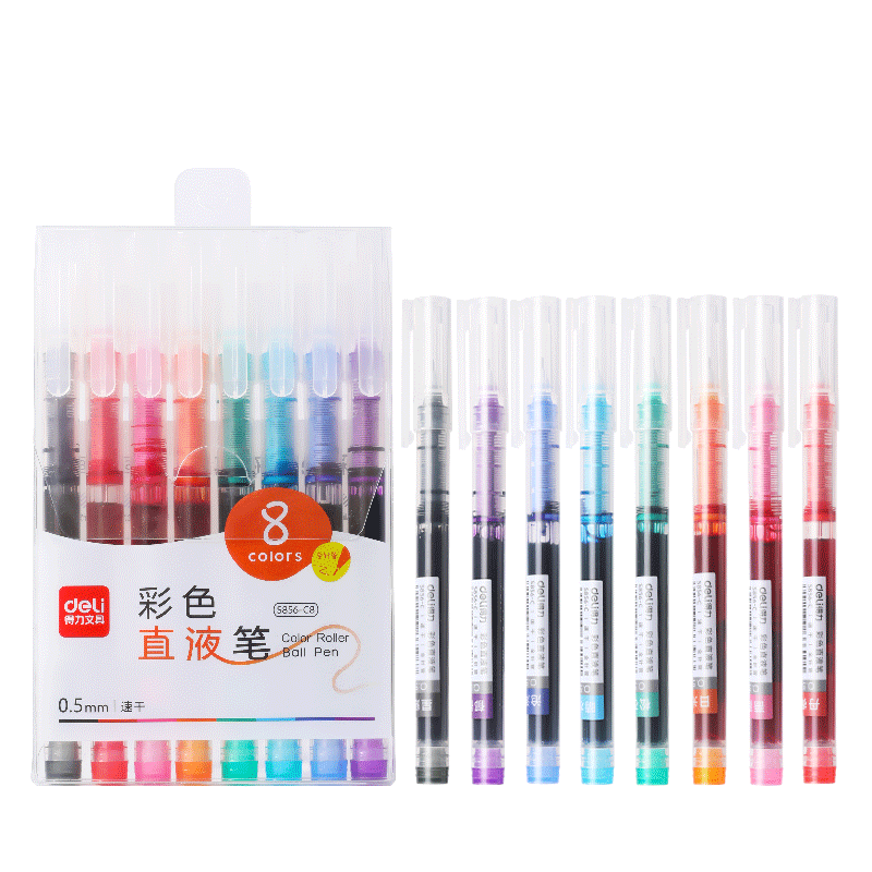 Deli Colorful Liquid Pen Set 0.5mm Needle Tip Student Gel Pen 8 Colors Journal Water Pen Rollerball Pen 8pcs/Box S856-C8