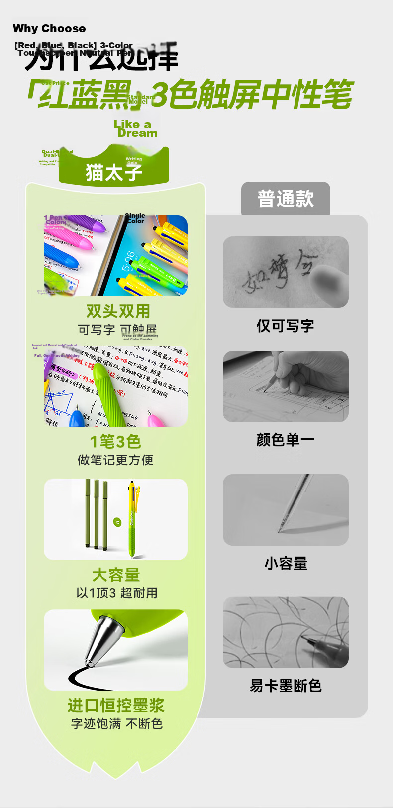 Mao Prince Neutral Pen Touchscreen Stylus High-Value Click Pen Three-Color Blue Red Black Gel Pen Signature Pen Student Note-Taking Exam Stationery - Stacked Fantasy Blue 6