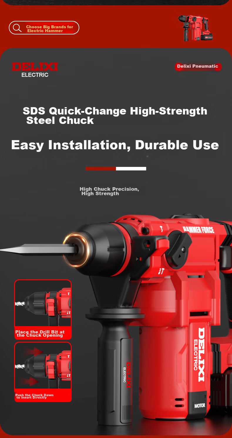 Delixi Electric Lithium Battery Hammer Drill Cordless Rotary Hammer Concrete Industrial Grade Impact Drill 11