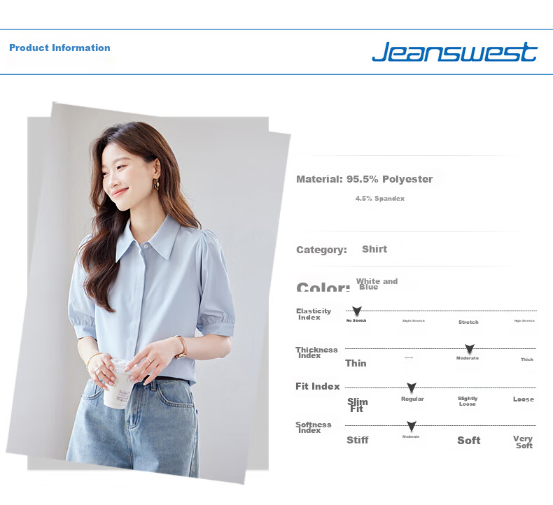 Jeanswest Women's Shirt 2026 Summer Short Sleeve Casual Elegant Versatile Fashion Solid Color Top Blue S 7