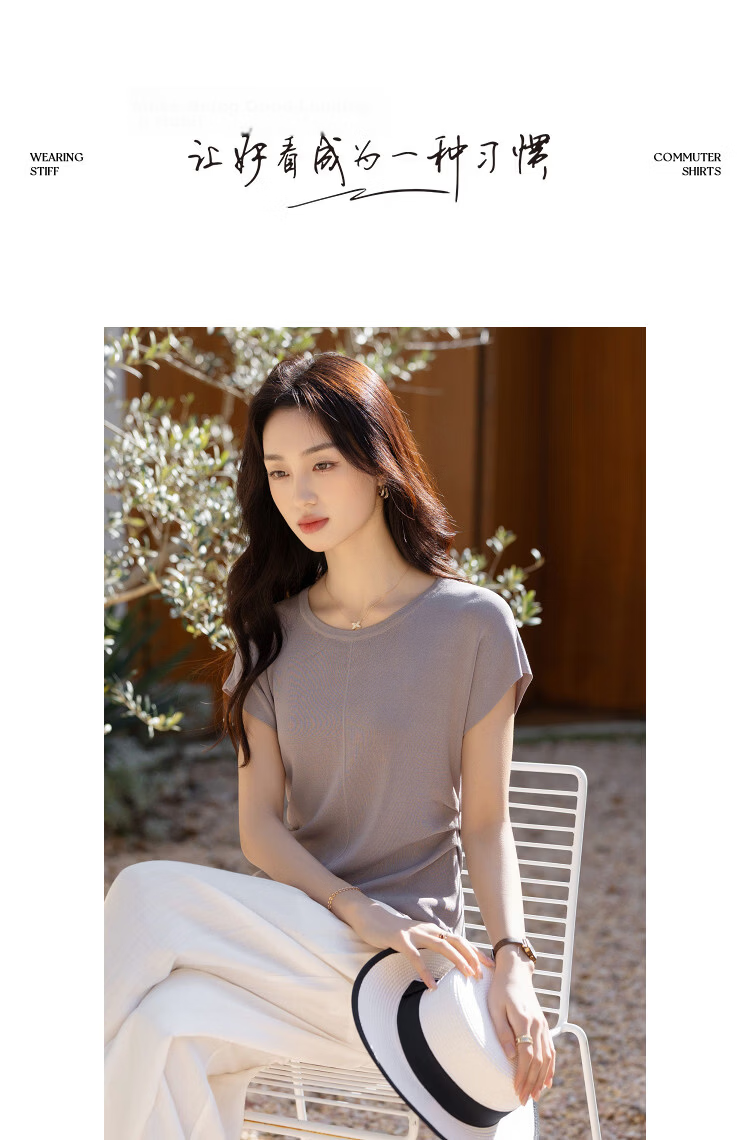 Demana Elegant Lightweight Office Summer Round Neck Split Shoulder Side Seam Ruched Slimming Knit Top for Women 10