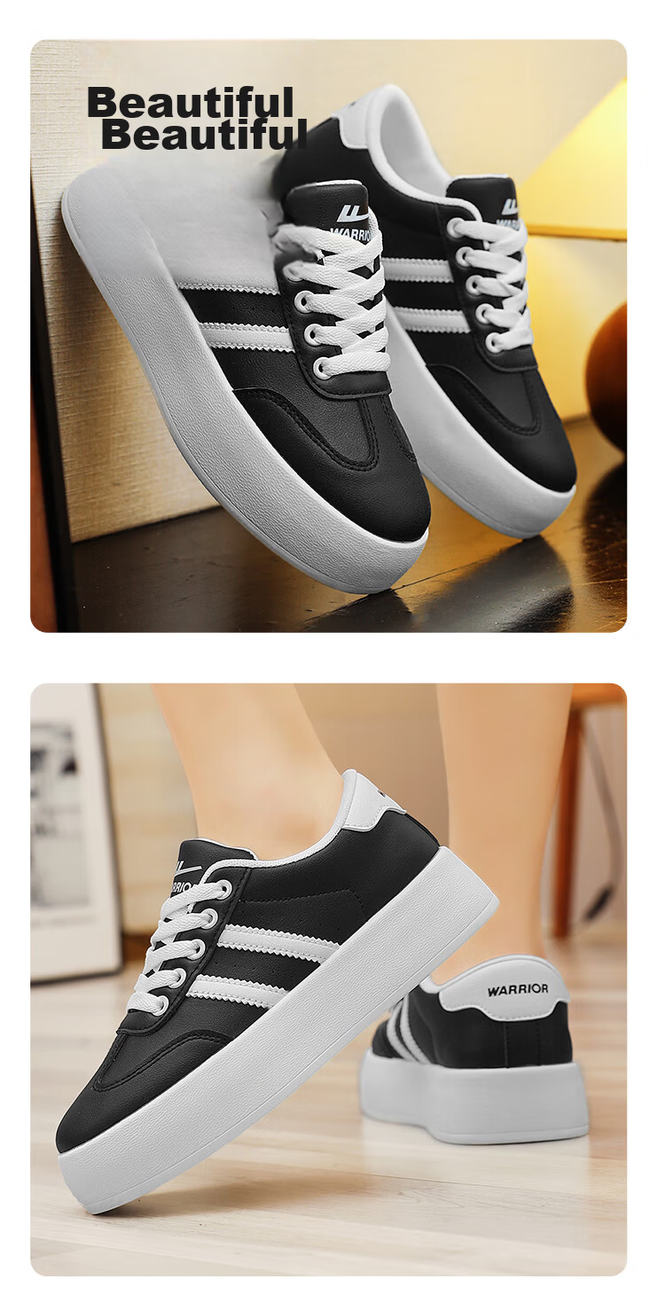 Warrior Women's Thick Sole Retro Leather Casual Sneakers Black White Size 37 21