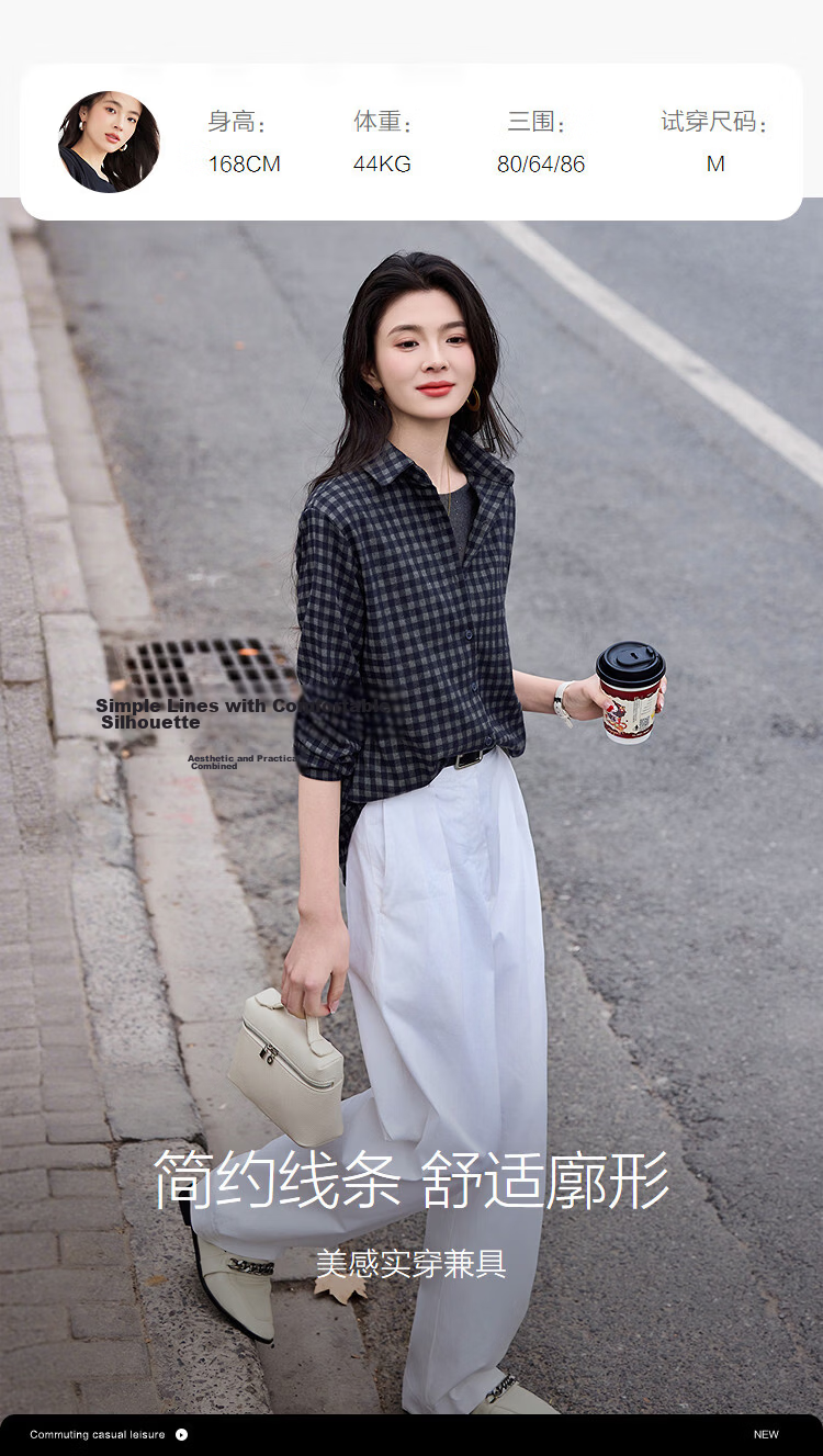 Demana Vintage Style Spring 3D Collar Plaid Loose Slimming Concealing Petite Shirt for Women High-End Feel 12