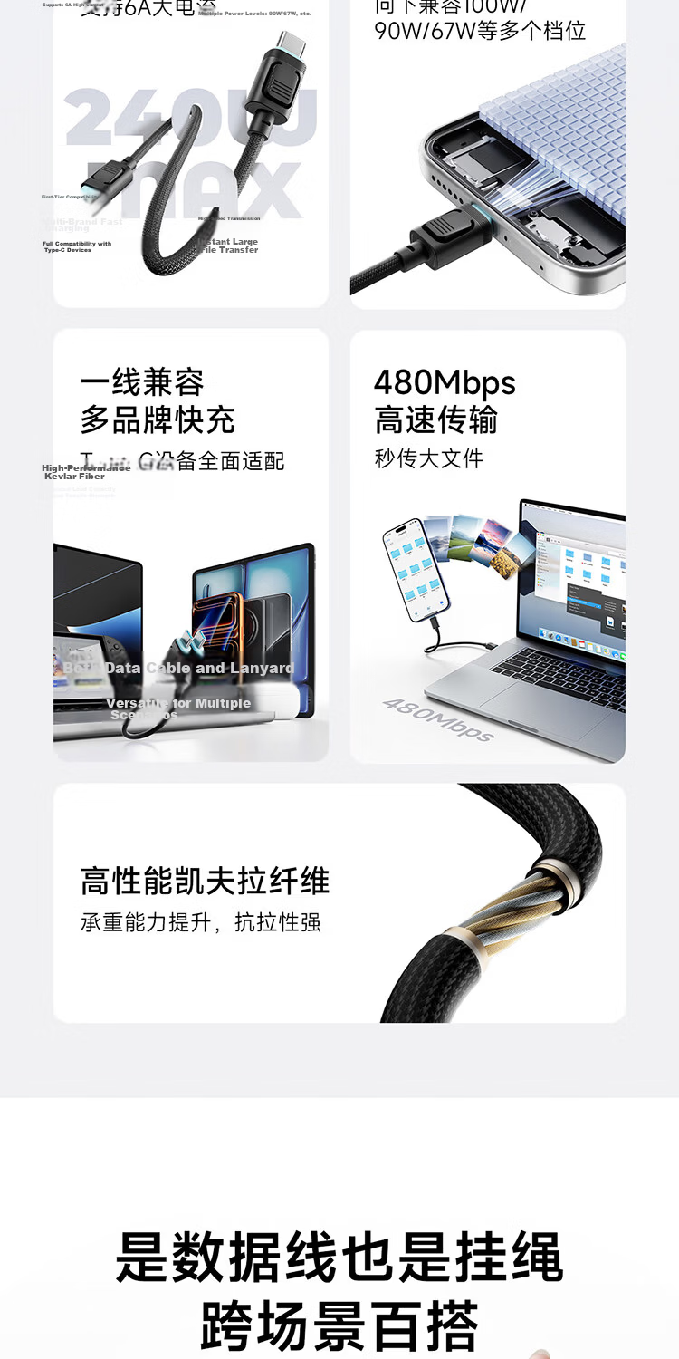 CUKTECH Portable CP Lanyard Braided 6A Type-C Charging Cable 240W Fast Charge Compatible with Power Bank Short Cable for Apple Huawei Honor Xiaomi Phones Tablets Laptops 4