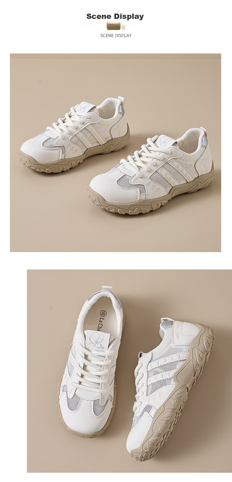 La Chapelle Women's Mesh Sneakers Casual Versatile Soft Sole White Shoes Silver Color Size 36 17