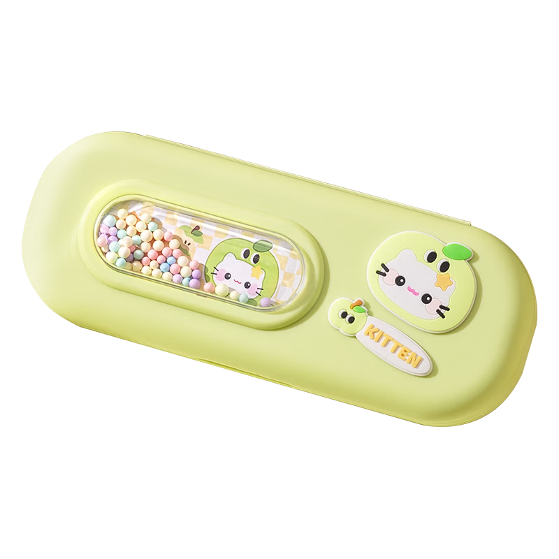 Kabaxiong Bubble Ball Double-Layer Stationery Box Large Capacity Pencil Case for Boys and Girls Green Apple Cat