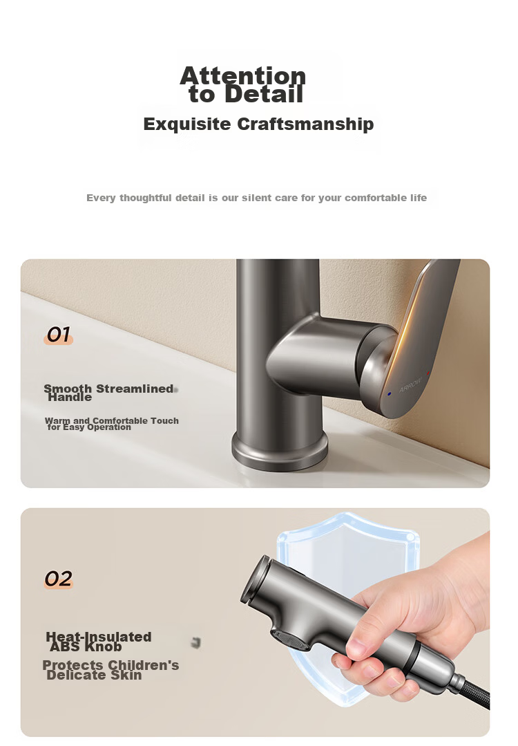 ARROW HS Hot and Cold Washbasin Faucet Adjustable Pull-Out Dual Spray Bathroom Tap 17