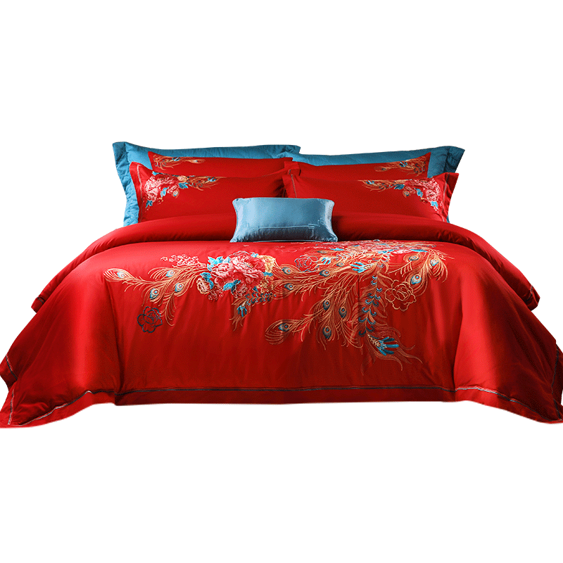 FUANNA Home Textile Wedding 6-Piece Set 60-Count Long-Staple Cotton Bed Sheet and Duvet Cover Pure Cotton Wedding Embroidered Set 203*229cm