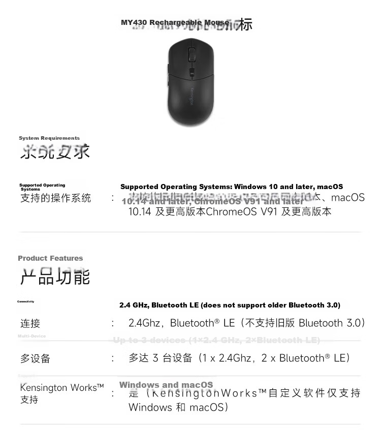 Kensington MY430 Rechargeable Ergonomic Wireless Office Mouse 3-Device Connectivity K75507CN 14