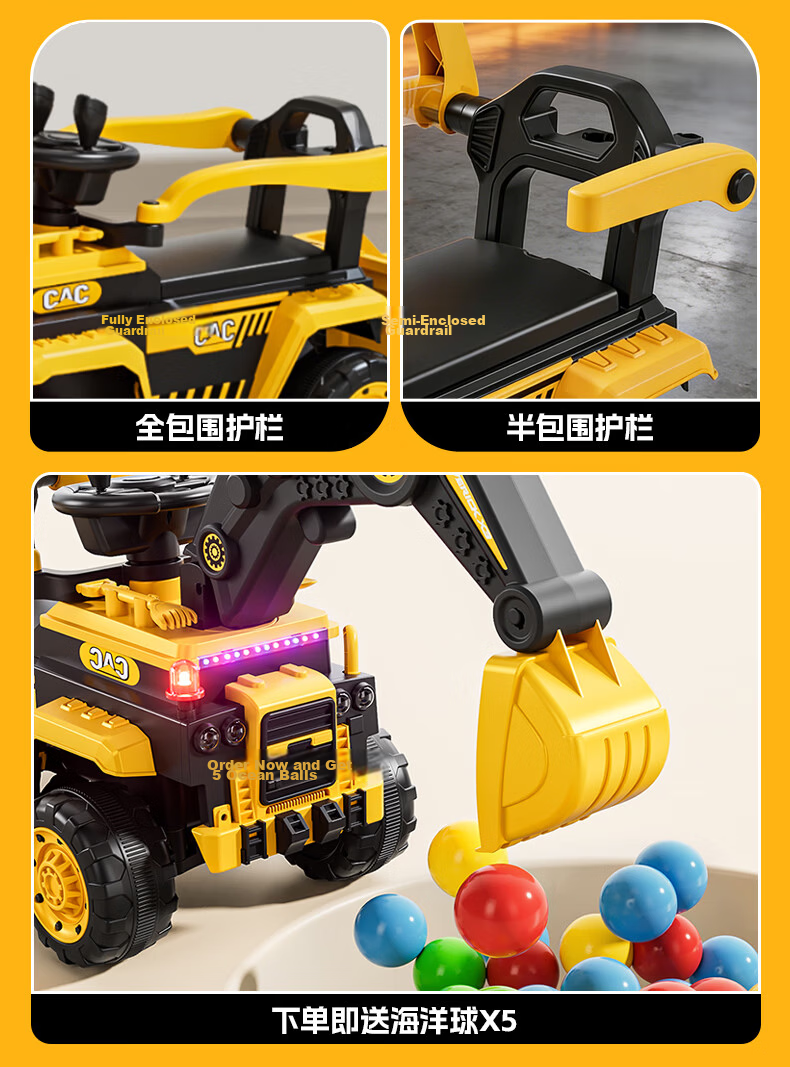 Kids Excavator Toy Car for Boys and Girls, Ride-On Remote Control Electric Digging Construction Vehicle 3