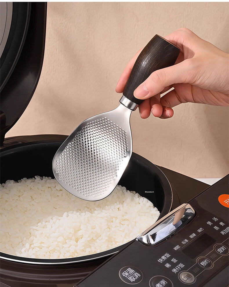 ZhaiQingSong Stainless Steel Rice Scoop with Wooden Handle, Non-Stick Heat-Resistant Rice Serving Spoon for Rice Cooker, Home Use 9