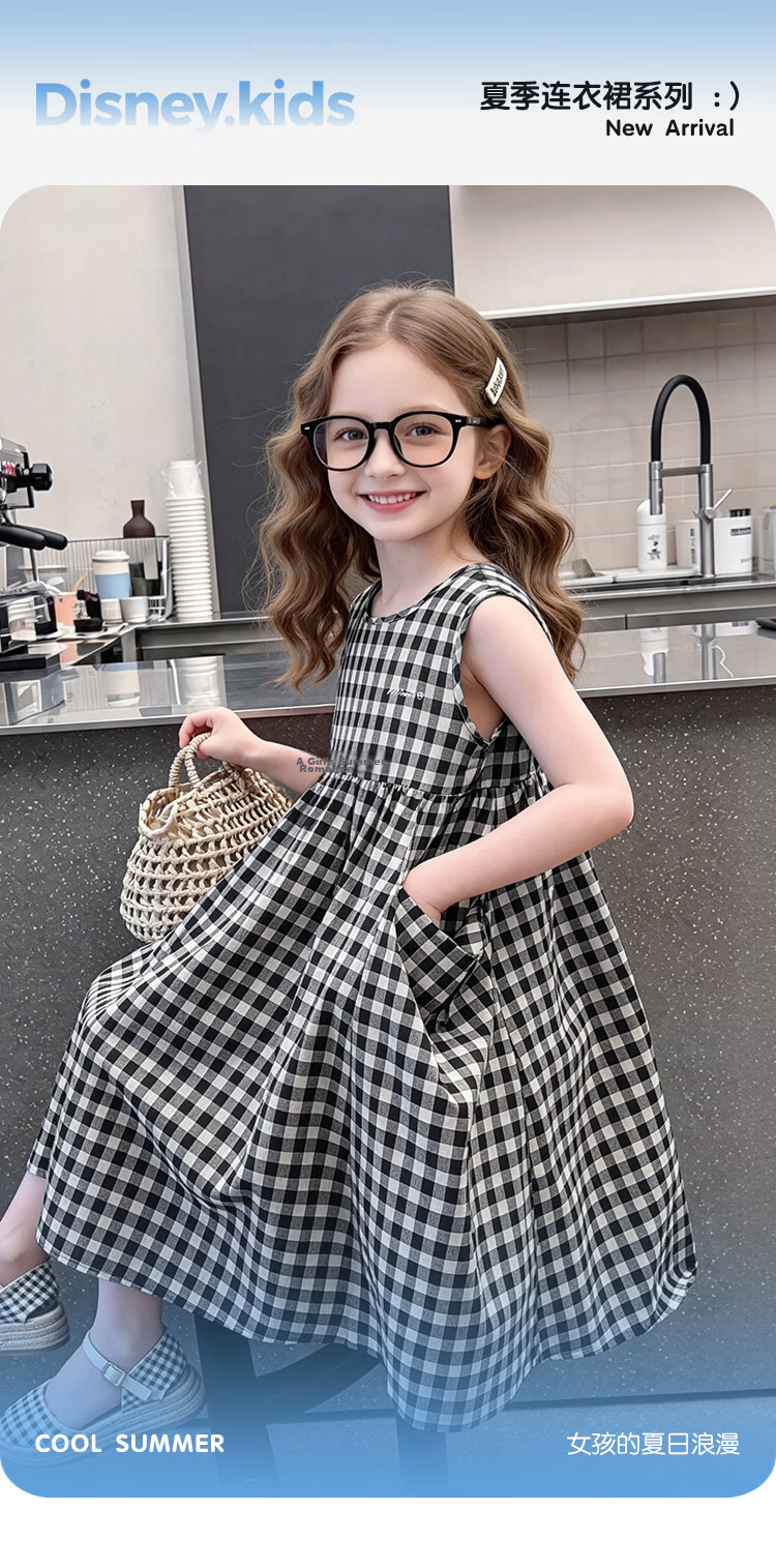 Disney Girls Premium Plaid Sleeveless Dress Summer Big Kids Loose Flared A-Line Long Dress Black and White Plaid 130cm 1