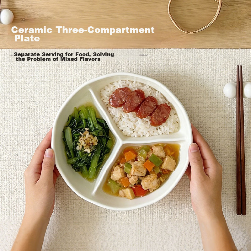 Bethers Ceramic Divided Plate Three-Compartment Large Portion Adult Meal Plate 211 Weight Loss Diet Deep Microwave Safe