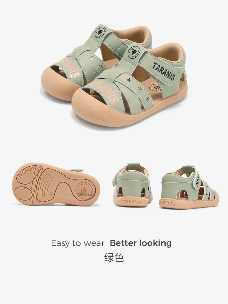 TARANIS Summer Children's Sandals, Closed-Toe Anti-Kick Toddler Shoes, Boys' Soft-Soled Functional Shoes, Green, Size 25 18