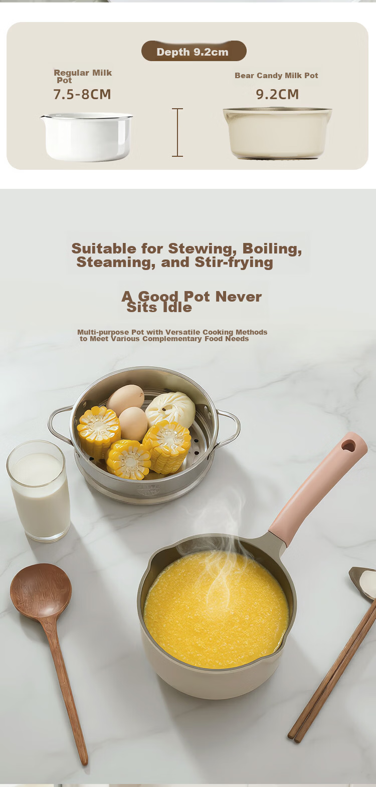 Bear Titanium Ceramic Non-Stick Milk Pot Baby Food Pot Healthy Coating Soup Pot 18cm Stove Compatible 8