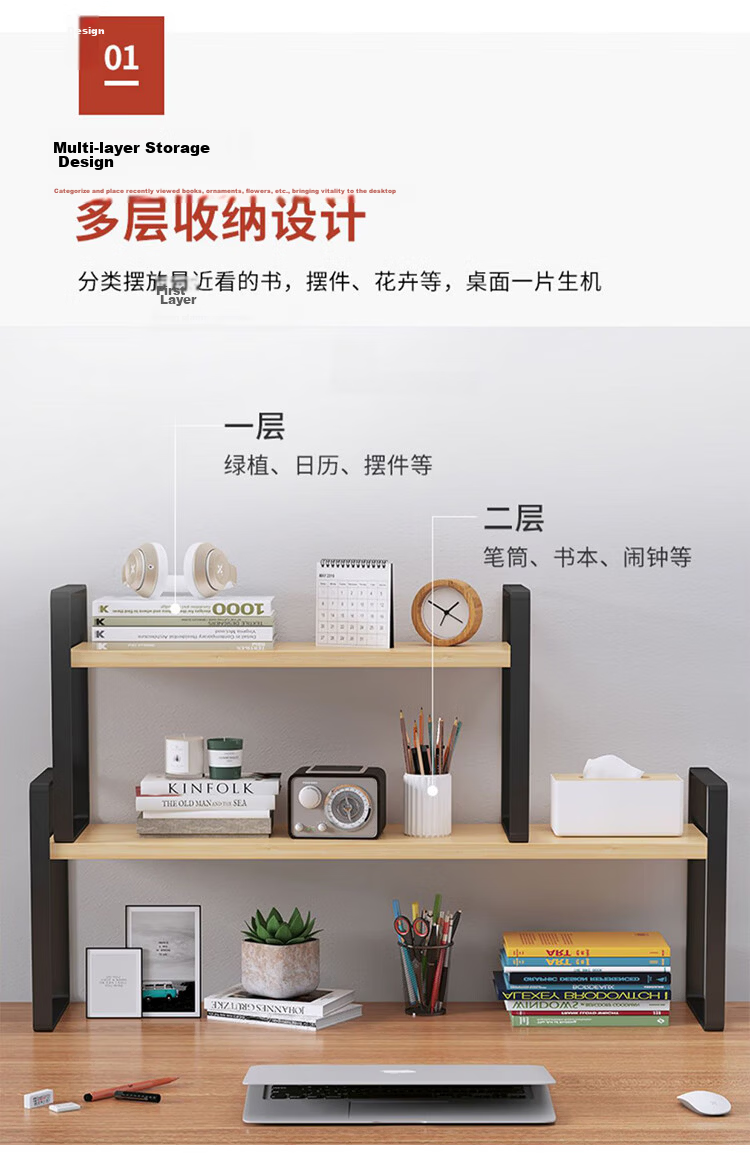 Ourunzhe Desktop Storage Rack, Multi-Layer Desk Organizer, Student Dorm Office Storage Shelf, Double-Layer White 6