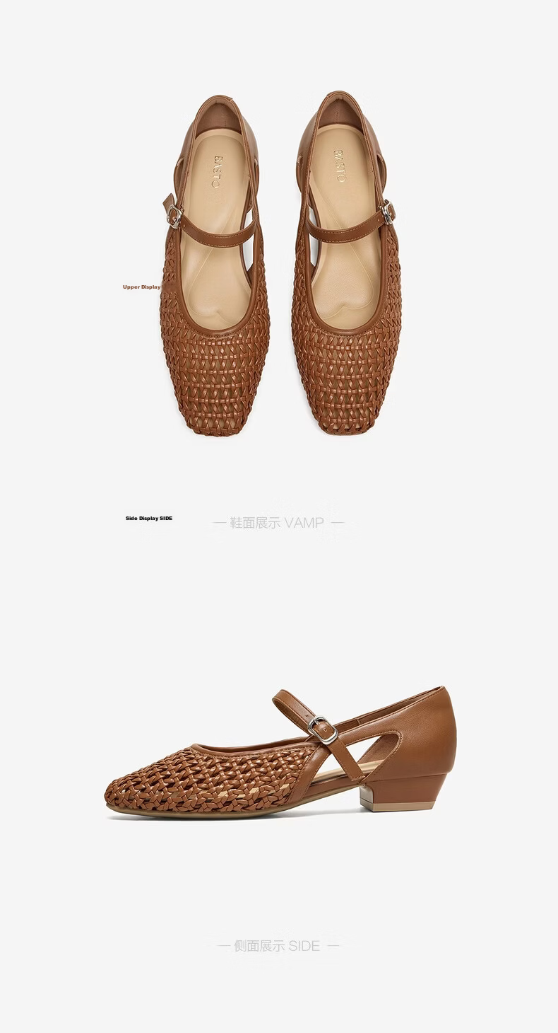BASTO French Style Woven Hollow Breathable Ballet Mary Jane Sandals Women's Flats F5091BQ6 19
