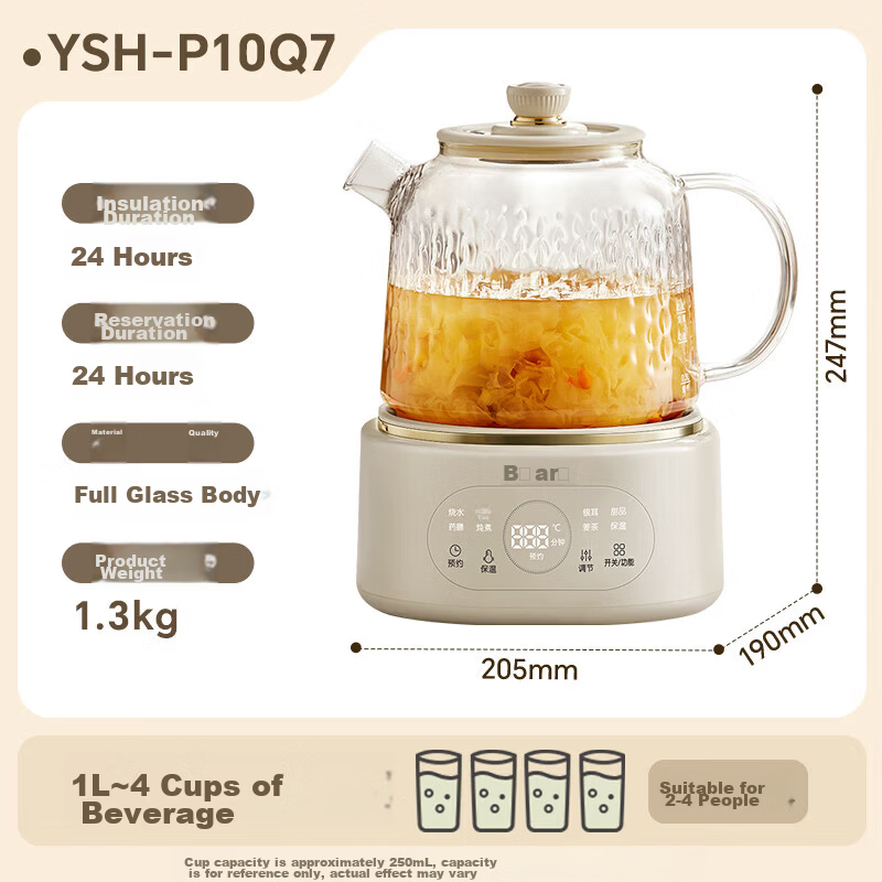 Bear Full Glass Health Pot Thermostatic Kettle YSH-P10Q7 Multifunctional Office Tea Kettle Flower Tea Pot Health Cup 24h Insulation 1L