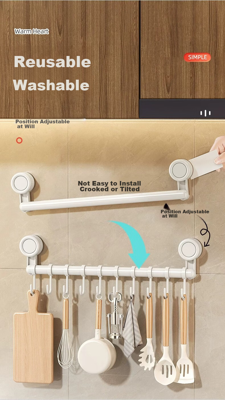 MUYA Kitchen Suction Cup Hook No Drilling Spatula Ladle Rack Wall-Mounted Sliding Rail Rod Cabinet Storage Organizer 3