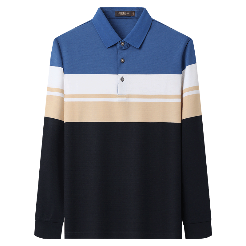 Langdun Long Staple Cotton Spring New Men's Long Sleeve Striped Polo Shirt Business Top