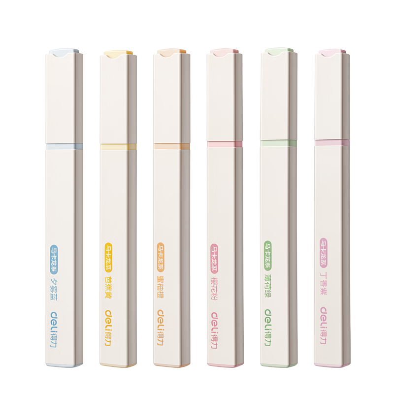 Deli 6-Color Square Handle Highlighters, Colorful Markers for Students' Exams, Review, Office, Key Points, Memorization, Journaling, Doodling And Drawing, with Stickers, Macaron Colors S742