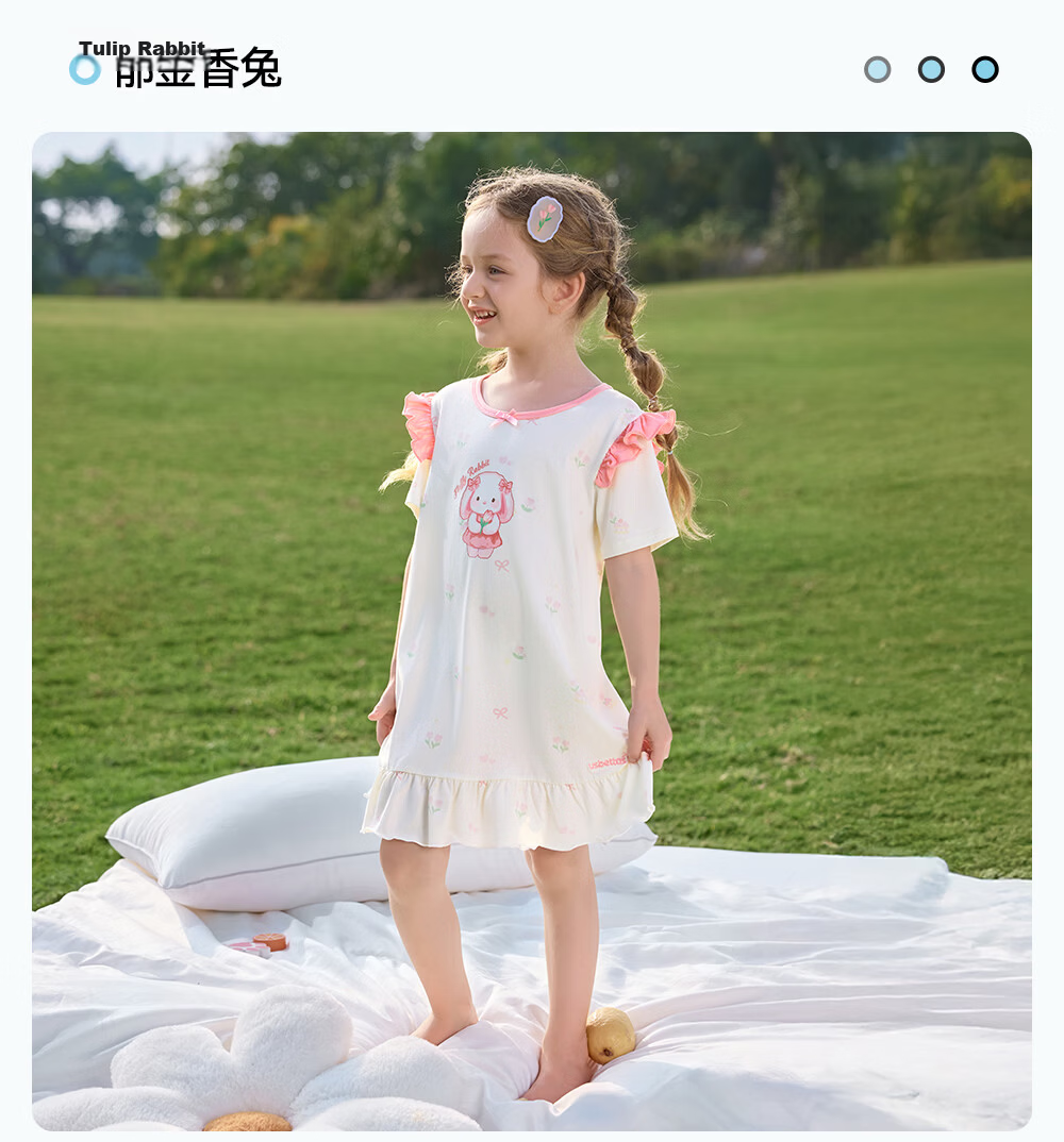 Betis Kids Homewear 2026 Summer New Thin Breathable Short Sleeve Nightdress Girls Pajamas Air Conditioning Dress with Lace 35