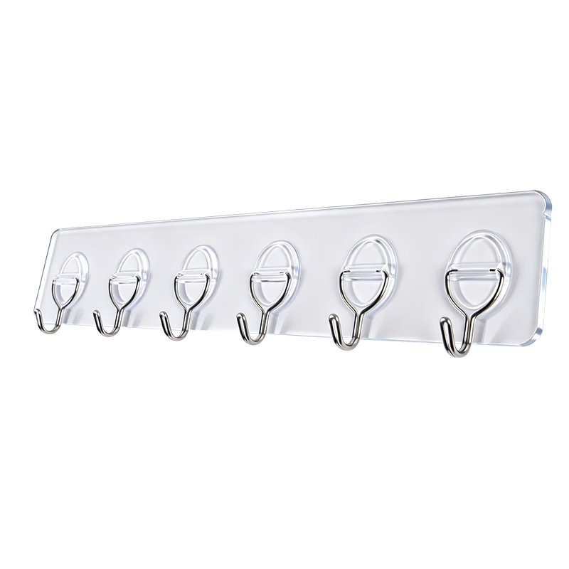 JD Jingzao Strong Adhesive No-Drill Wall Hooks Transparent 6-Hook Rack x2