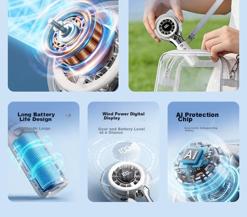 AUX Handheld Portable Mist Fan Long Battery Life Office Outdoor High Power USB Mini Rechargeable Fan 4