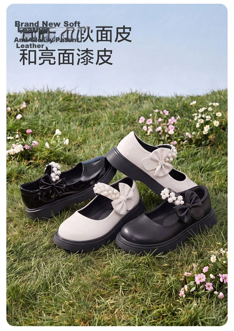 Eierkang Girls Black Leather Classic Pearl Bow Princess Shoes Student Performance Soft Sole Flats Black Size 32 13