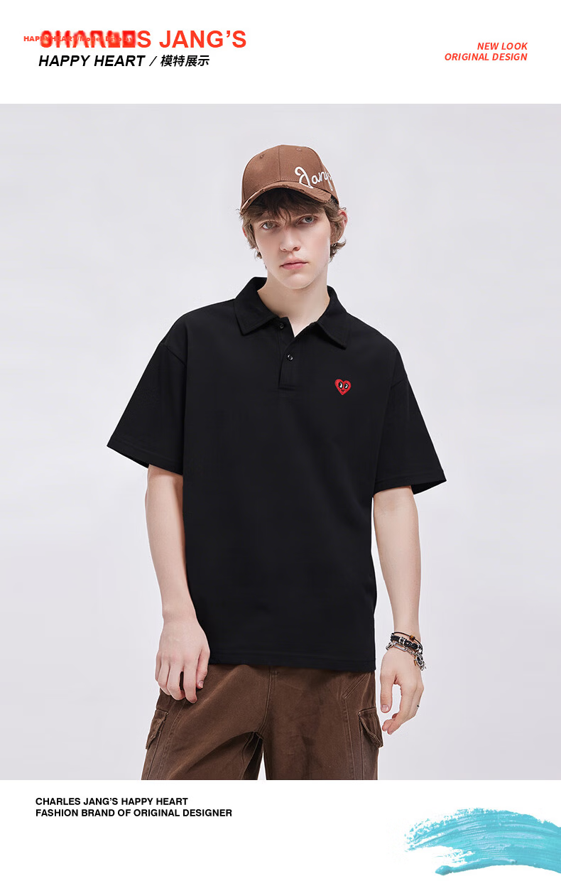 Charles Heart Summer Minimalist Campus Style Short Sleeve Polo Shirt Casual Unisex Black L 11