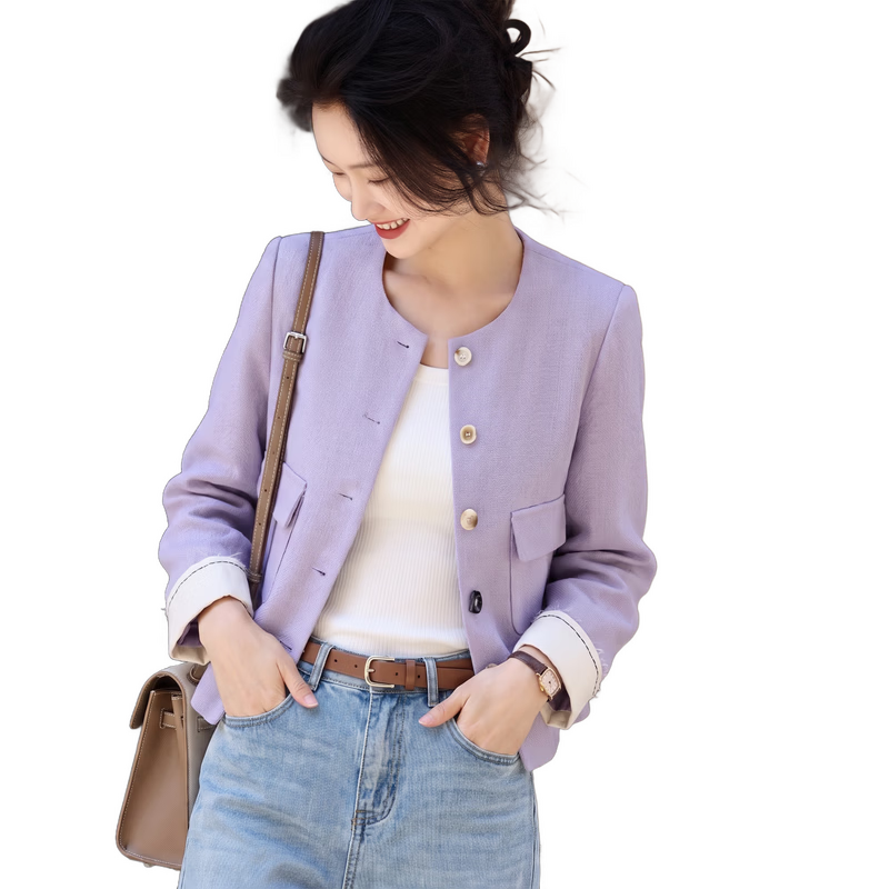 Chushen Women's Short Jacket for Spring And Autumn, Gentle Purple Elegant Chanel-Style Short H-Type Casual Coat for Petite Women S51D035