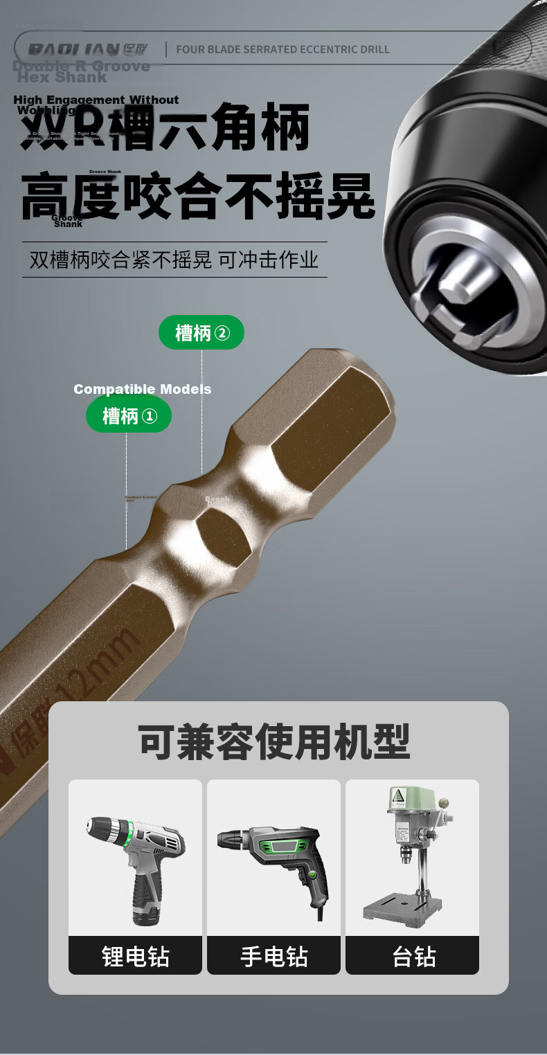 Baolian Four-Blade Serrated Eccentric Dry Drill Bit for Full Ceramic Tiles, Porcelain, Glass, Marble, Concrete, and Stainless Steel 14