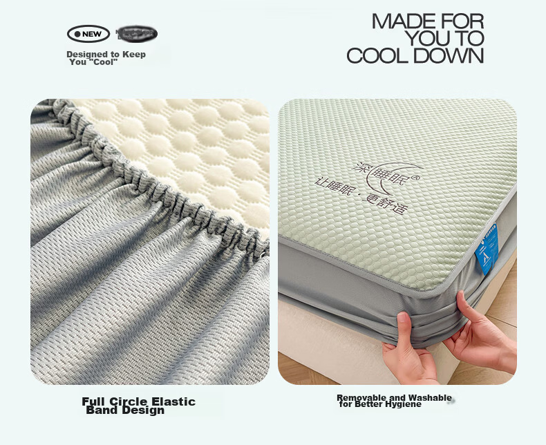Hongdou Class A Cooling Ice Bean Fitted Sheet Three-Piece Set Summer Full Coverage Cooling Mattress Protector 1.8*2m Blue 10