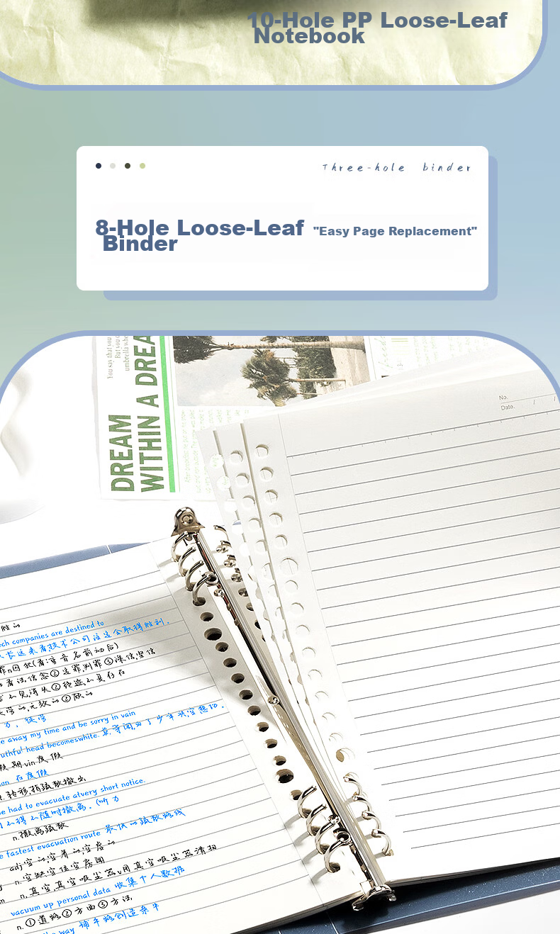 Wengu A5 Notebook Loose-Leaf 51 Sheets Comfortable Iron Clip Simple Detachable 8-Hole Student Stationery Exam Study Journal Iron Clip - Teal BI120(A5)-A 4