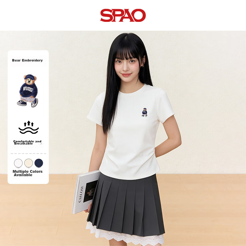 SPAO Bear Shoulder Slim Fit Short Sleeve T-Shirt Women 2026 Summer Ruched Waist Slim Casual Short Versatile Top