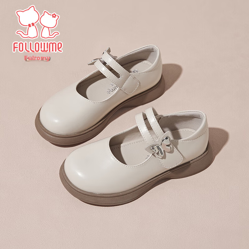 Fulomi Girls' Leather Shoes Children's Princess Shoes School Versatile Performance Square Toe Flats Off-White (Matte) Size 28