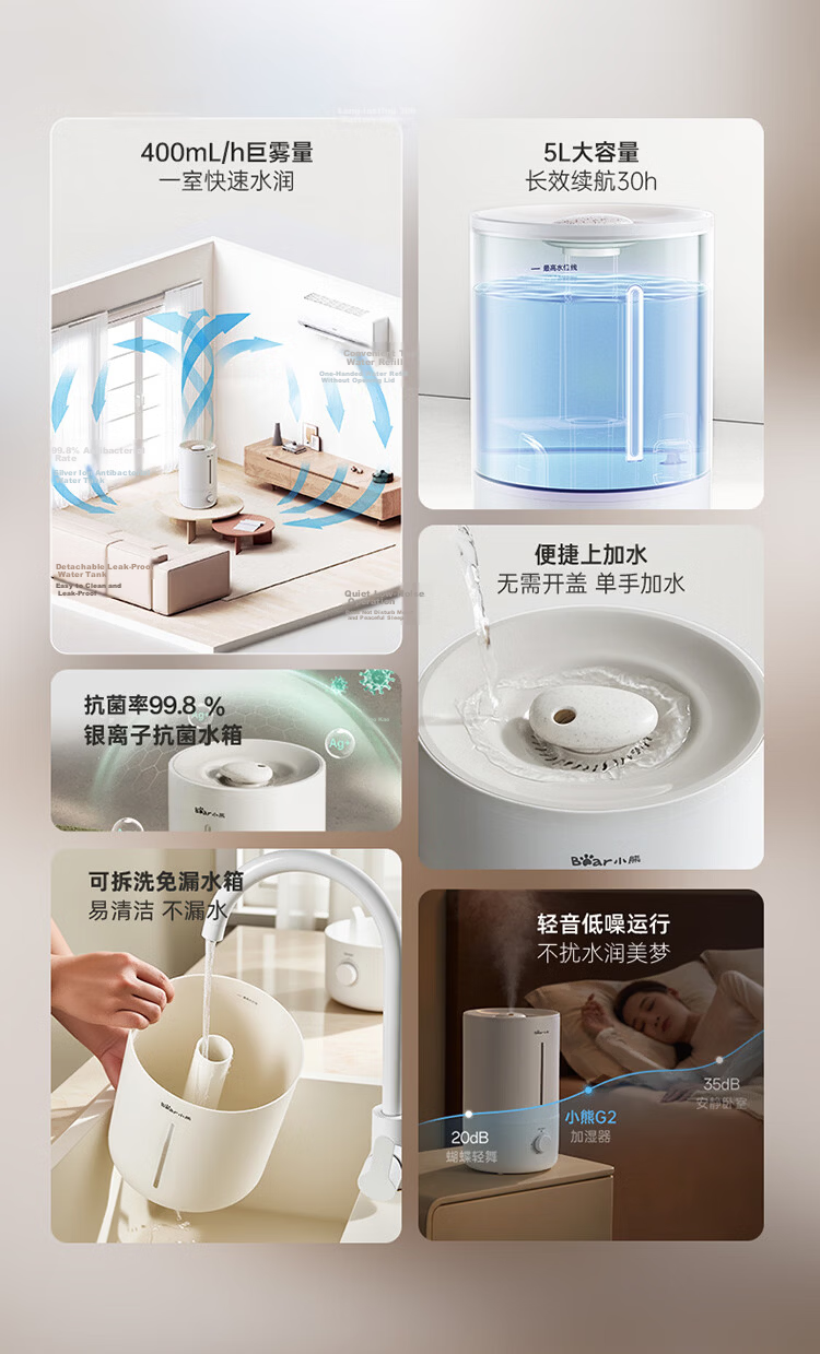 Bear Air Humidifier for Home, Infant Bedroom Nasal Care, Quiet Sterilization, High Mist Output, Desktop Small Air Conditioner Humidifier JSQ-Z50G2 with Filter Cartridge 3